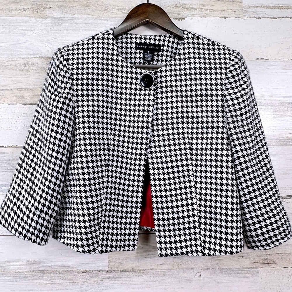 Larry Levine Cropped Jacket Womens S Black White Houndstooth 3/4 Sleeve Chic